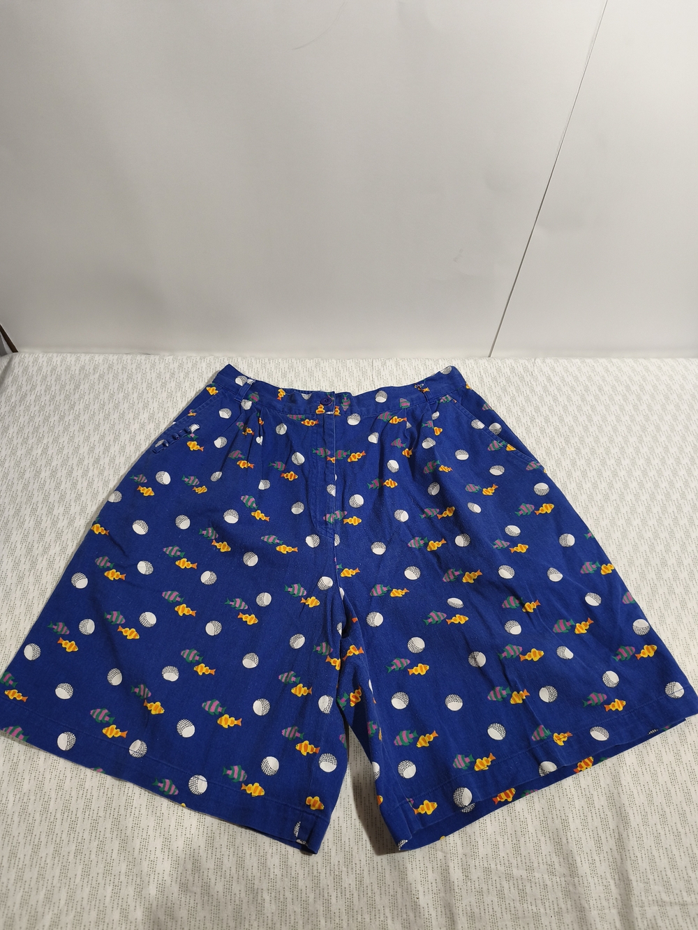 Vintage Blue Polka Dot Fish Print Shorts C1(13)
